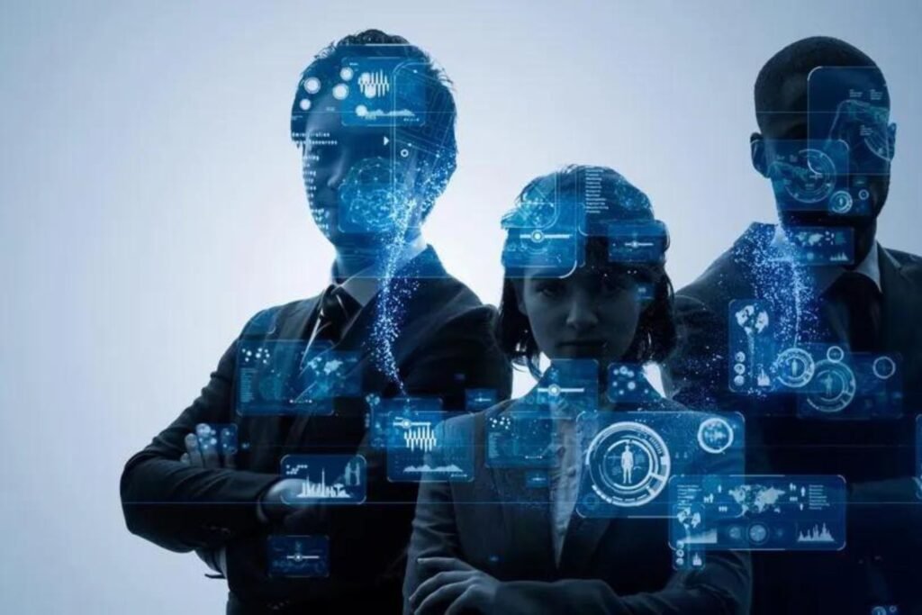 Silhuetas de líderes de negócios com sobreposição de dados digitais, representando liderança e IA em Customer Success