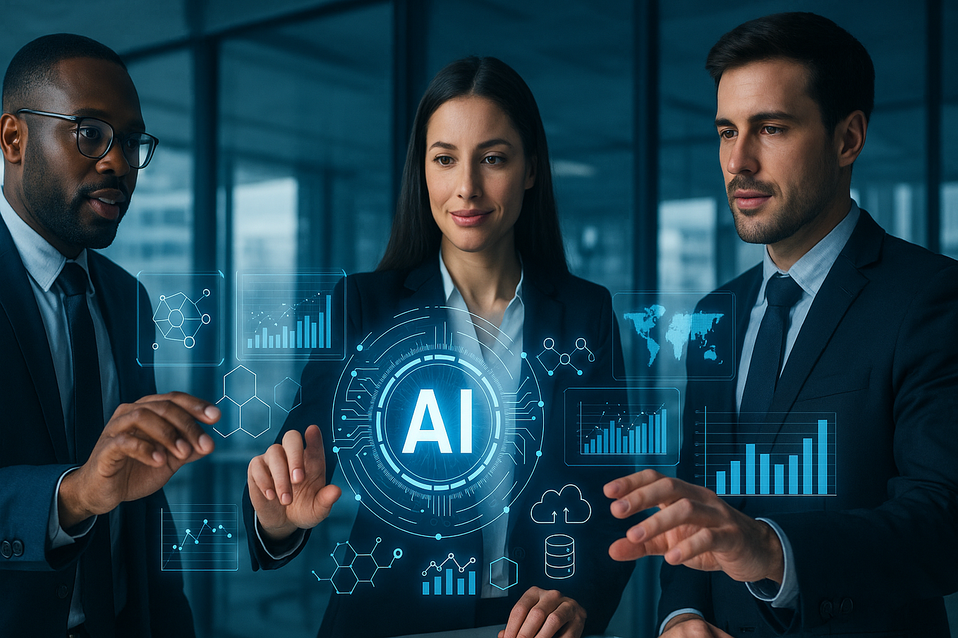 Profissionais de negócios interagindo com painel de inteligência artificial em ambiente corporativo